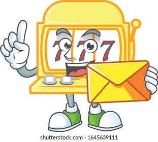 Happily golden slot machine mascot design style with envelope