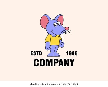 Happily mouse with yellow shirt cartoon logo hand drawn retro mascot character vector for toy brands, children’s apparel