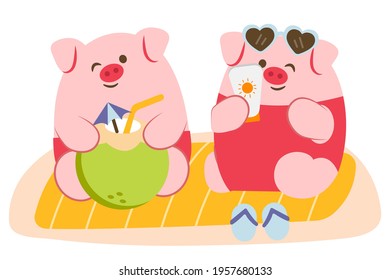 Happily Pig lover have vacation on the beach, drink water coconut and use sunblock, animal cartoon character, vector illustration