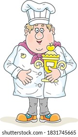 Happily smiling fat cook in a white hat and uniform for cooking, standing and holding a golden cup of a winner of a competition, vector cartoon illustration on a white background