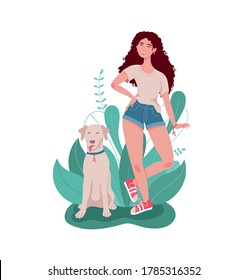 A happily smiling girl with a big dog. Leaves and bushes in the background. A young modern woman in shorts, a t-shirt, and sneakers. Flat vector illustration.