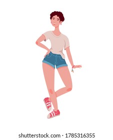 A happily smiling girl with short hair isolated in white background. A young modern woman in shorts and t-shirt. Flat vector illustration.