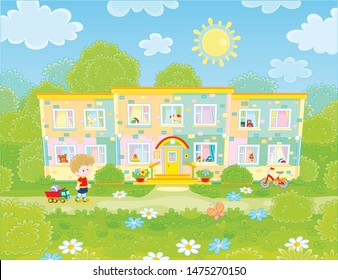 Happily smiling little boy with toys going to his nursery school on a sunny morning, vector illustration in a cartoon style