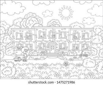 Happily smiling little boy with toys going to his nursery school on a sunny morning, black and white vector illustration in a cartoon style for a coloring book