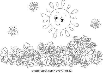 Happily smiling little sun and merry butterflies flittering over summer garden flowers, black and white outline vector cartoon illustration for a coloring book page