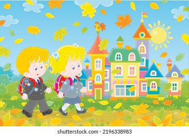 Happily smiling schoolchildren with schoolbags going to their school along a colorful street of a pretty small town on a beautiful autumn day, vector cartoon illustration