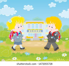 Happily smiling schoolchildren in uniform with schoolbags going to their school for classes, vector illustration in a cartoon style