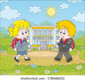 Happily smiling schoolchildren in uniform with schoolbags going to their school for classes, vector cartoon illustration
