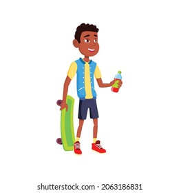 happiness african boy holding skateboard and drink bottle cartoon vector. happiness african boy holding skateboard and drink bottle character. isolated flat cartoon illustration