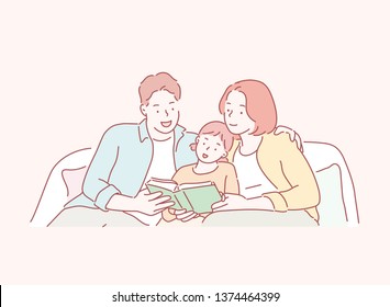 Happiness asian family - Parent read book with child happily at home. Hand drawn style vector design illustrations.