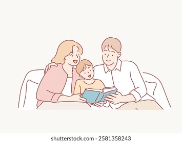 Happiness asian family - Parent read book with child happily at home. Hand drawn style vector design illustrations.	