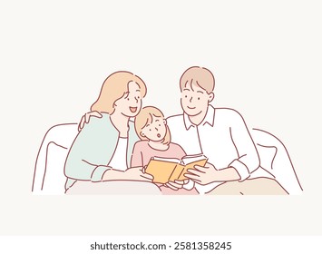 Happiness asian family - Parent read book with child happily at home. Hand drawn style vector design illustrations.	