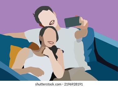 Happiness asian sweet couple enjoy talk selfie photo with smartphone together in living room home