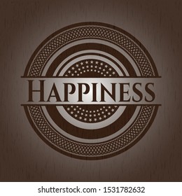 Happiness badge with wood background