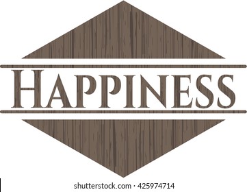 Happiness badge with wooden background