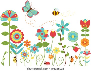 Happiness Blooms / Flowers Ladybug Butterfly and Bee