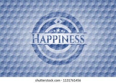 Happiness blue emblem with geometric pattern background.