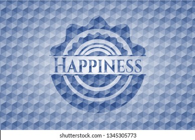 Happiness blue emblem with geometric pattern.