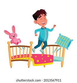 glücklicher Junge, der auf dem Bett mit Spielzeugkartoon-Vektorgrafik springt. glücklicher Junge, der mit Spielzeugcharakter auf dem Bett springt. einzelne Cartographie