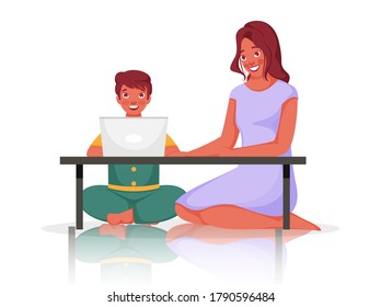 Happiness Boy Using Laptop At Table With Young Woman Sitting On White Background.