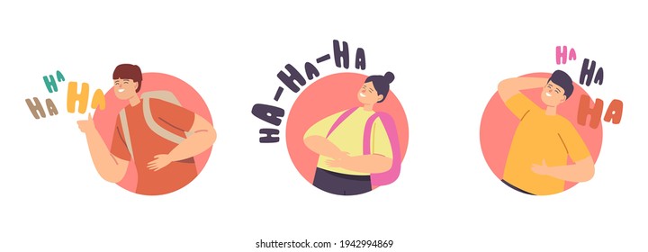 Happiness, Childhood, Jolly Schoolkids, Kids Laughing Concept. Happy Girls and Boys Characters Laugh Expression, Funny Children Chortle, Ha-ha Emotion, Cartoon People Vector Illustration, Icons Set