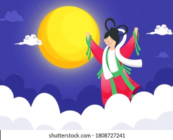 Happiness Chinese Goddess (Chang'e) Character and Clouds on Full Moon Blue Background.