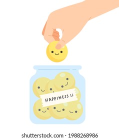 Happiness collector. Hand holding yellow smiling emoticon put into a "Happiness" jar. Concept of metal health, mental well-being, emotion, feeling, positive attitude. Flat vector illustration.