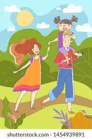 Happiness concept. Couple enjoy a day in a park on a hot summer day with the father giving his little daughter a piggyback ride as the mother walks alongside holding the girls hand, cartoon vector.