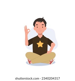  Happiness Concept. Cute Little kid Showing Approval, Smiling with Ok Hand Sign. Flat vector cartoon illustration