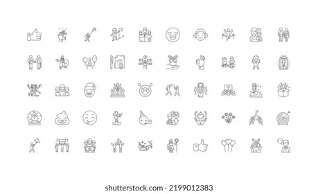 Happiness concept illustration, linear icons, line signs set, vector collection