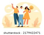 Happiness concept. People showing positive emotions. Joyful male and female characters smiling together. Optimistic thinking and inspiration. Flat vector illustration