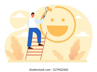 Happiness concept. People showing positive emotions. Joyful male and female characters smiling together. Optimistic thinking and inspiration. Flat vector illustration