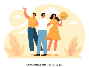 Happiness concept. People showing positive emotions. Joyful male and female characters smiling together. Optimistic thinking and inspiration. Flat vector illustration