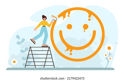 Happiness concept. People showing positive emotions. Joyful male and female characters smiling together. Optimistic thinking and inspiration. Flat vector illustration