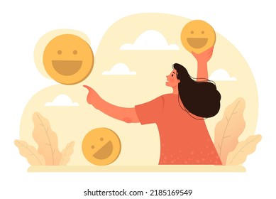 Happiness concept. People showing positive emotions. Joyful male and female characters smiling together. Optimistic thinking and inspiration. Flat vector illustration