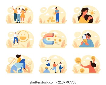 Happiness concept set. People showing positive emotions. Joyful male and female characters smiling together. Optimistic thinking and inspiration. Flat vector illustration