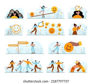 Happiness Concept Set. People Showing Positive Emotions. Joyful Male And Female Characters Smiling Together. Optimistic Thinking And Inspiration. Flat Vector Illustration