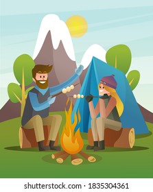 Happiness couple camp and grill in the nature vector illustration