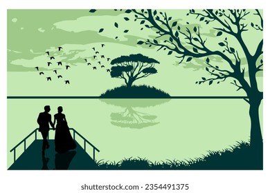 
happiness of a couple holding hands after marriage in the background of a green lake over the bridge. tree. silhouette, vector, landscape background, wedding card