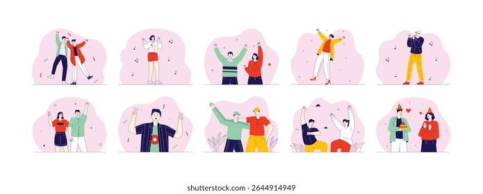 Felicidade criada por si mesmo e pelos outros, ilustração vetorial em quadrinhos.