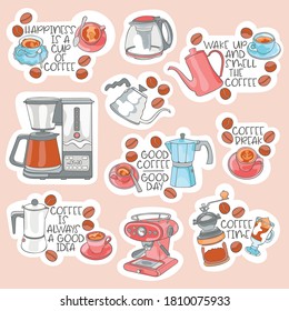 Happiness is a cup of coffee. Stickers set. Coffee theme: coffee pot, mug, cup, coffee beans. Lettering set. Isolated vector object. 