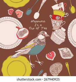 Happiness is a cup of tea. Card with a tea cups, bird and sweets in vintage style stylized drawing. 