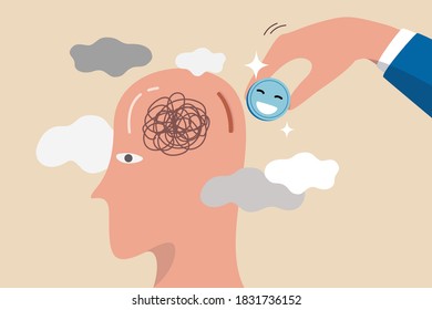 Happiness cure work stressed, care for mental health or relax from tired work concept, businessman holding pink coin with happiness face to insert into depressed thinking head to cure from stressed.