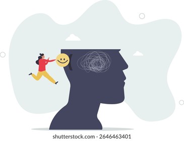 A felicidade cura o trabalho estressado, cuidar da saúde mental ou relaxar do conceito de trabalho cansado. vida de caráter.