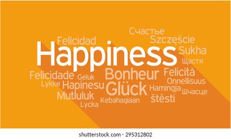 HAPPINESS in different languages, words collage vector illustration.