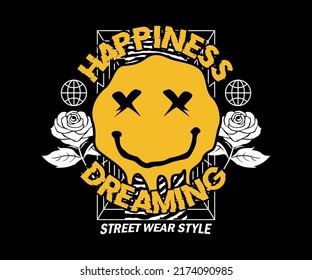 happiness dreaming slogan with smile face icon design illustration on black background for streetwear and urban style t-shirts design, hoodies, etc