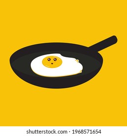 The Happiness Of The Egg In The Pan. Cute Mascot Character. Kawaii Egg Vector Illustration Isolated On Yellow Background. Funny Breakfast Story.