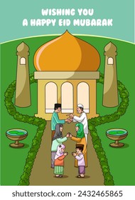 Happiness of Eid as diverse characters - men, women, and children - come together in front of a vibrant mosque to exchange heartfelt greetings of Eid Mubarak. Suitable for greeting card, social media