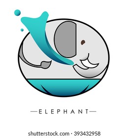 The happiness elephant logo design base on ellipse shape is playing the water on white background.(EPS10 art vector).