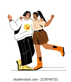 El concepto de Emoción de la Felicidad. Un hombre y una mujer alegres sonríen, abrazan y muestran gesto de bienvenida. Amigos o pareja expresan sentimientos positivos a través del lenguaje corporal. Dibujo vectorial plano de caricatura en estilo doodle